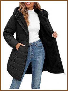 Fleece Lined Long Quilted Puffer Coat Hooded Zip Winter Jacket